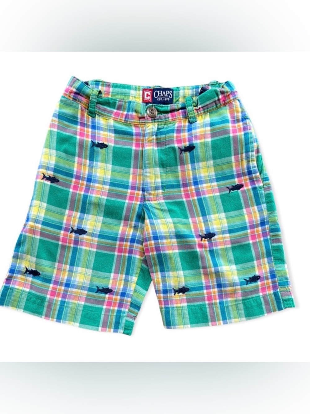 Green Pink Plaid Cotton Shorts Embroidered Sharks Adjustable Tab Waist- EUC- 4T